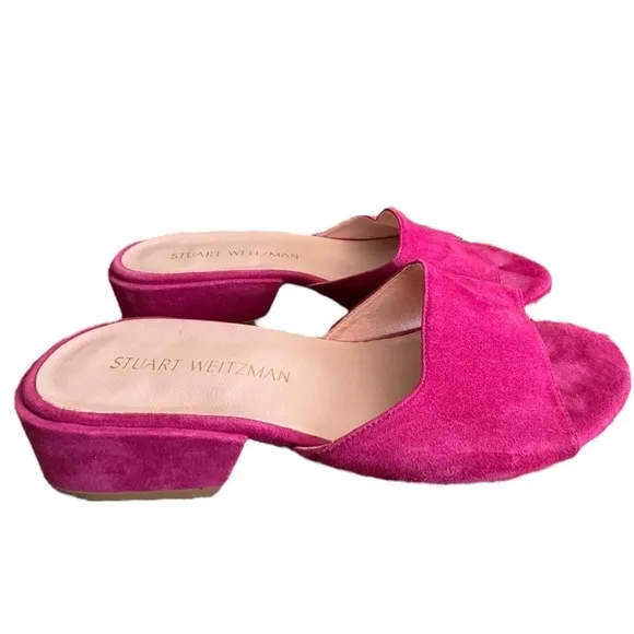 Stuart Weitzman Sandals Pink Suede Leather Open Toe Slides Low Heel Size 7.5