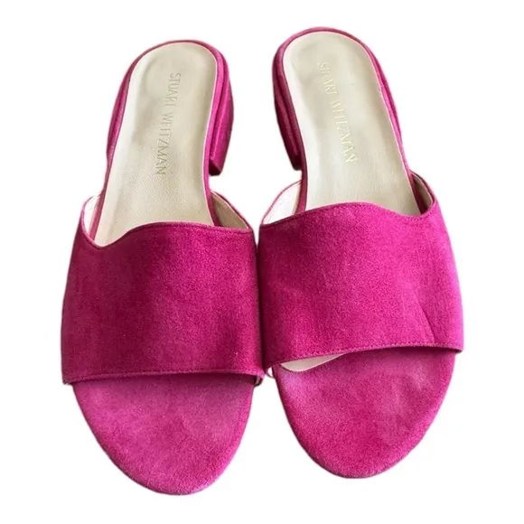 Stuart Weitzman Sandals Pink Suede Leather Open Toe Slides Low Heel Size 7.5