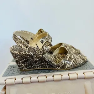 Stuart Weitzman snake skin wedge sandals size 7 black cream peep toe