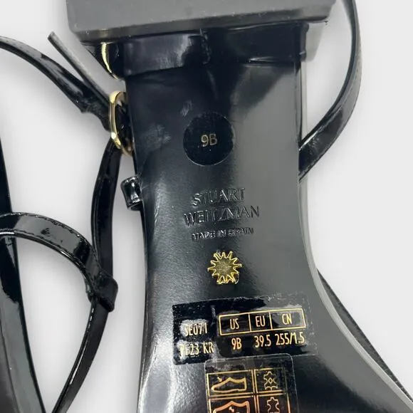 Stuart Weitzman Soiree 35 Black Patent Leather Block Heel Sandal Size 9 NEW