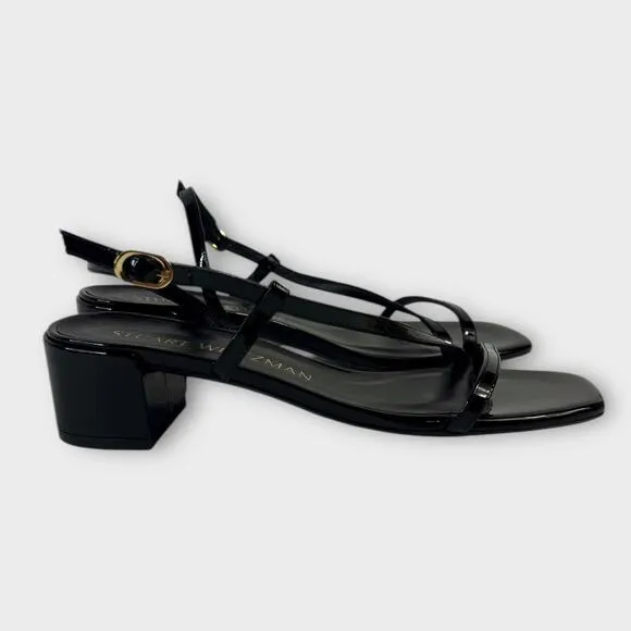 Stuart Weitzman Soiree 35 Black Patent Leather Block Heel Sandal Size 9 NEW