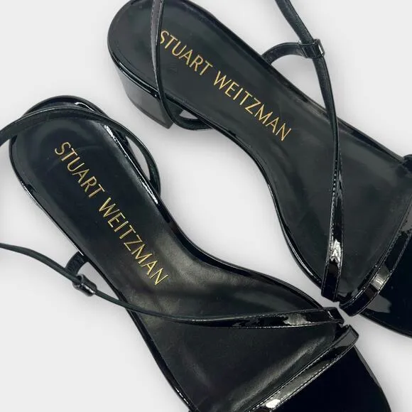Stuart Weitzman Soiree 35 Black Patent Leather Block Heel Sandal Size 9 NEW