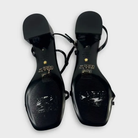 Stuart Weitzman Soiree 35 Black Patent Leather Block Heel Sandal Size 9 NEW