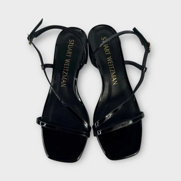 Stuart Weitzman Soiree 35 Black Patent Leather Block Heel Sandal Size 9 NEW