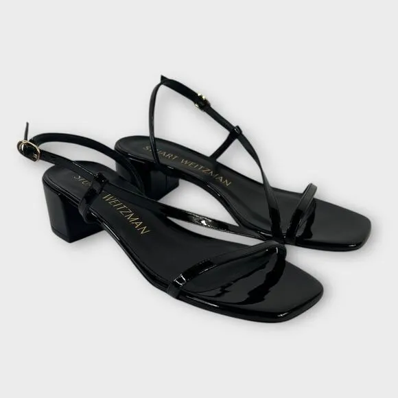 Stuart Weitzman Soiree 35 Black Patent Leather Block Heel Sandal Size 9 NEW