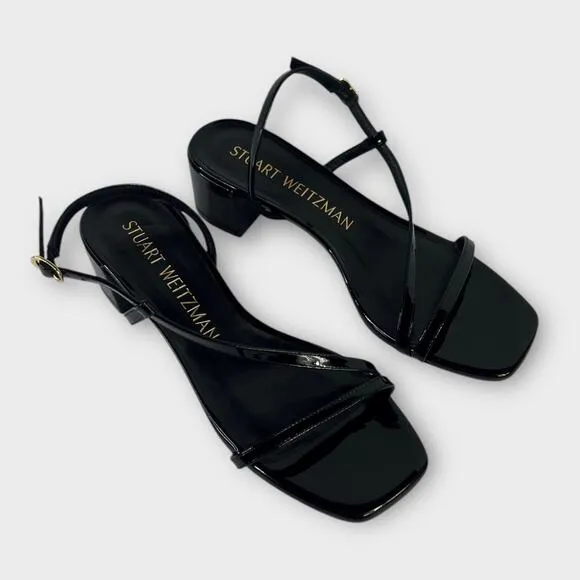 Stuart Weitzman Soiree 35 Black Patent Leather Block Heel Sandal Size 9 NEW