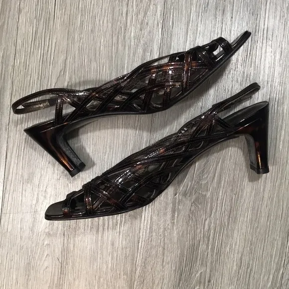 Stuart Weitzman Square Toe Brown Print Patent Leather Slingback Sandals size 7