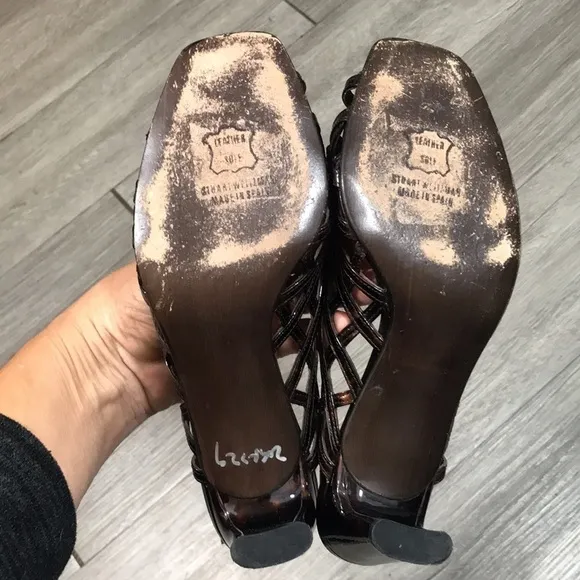Stuart Weitzman Square Toe Brown Print Patent Leather Slingback Sandals size 7