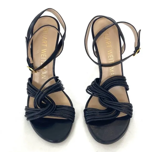 Stuart Weitzman Twist Sleek Black Leather Heels Sandals Open Toe 6.5