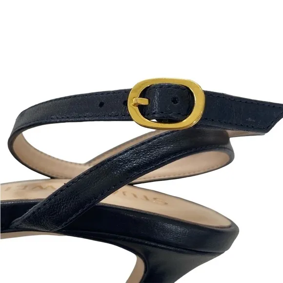 Stuart Weitzman Twist Sleek Black Leather Heels Sandals Open Toe 6.5