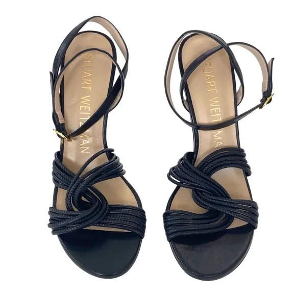 Stuart Weitzman Twist Sleek Black Leather Heels Sandals Open Toe 6.5
