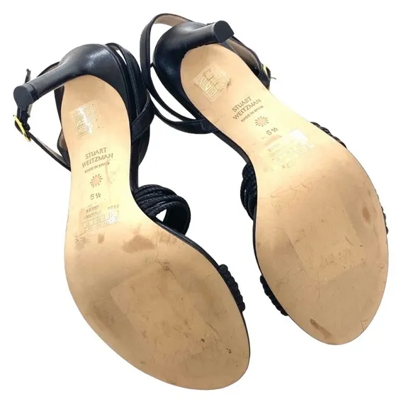 Stuart Weitzman Twist Sleek Black Leather Heels Sandals Open Toe 6.5