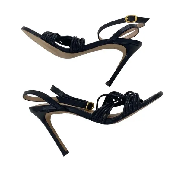 Stuart Weitzman Twist Sleek Black Leather Heels Sandals Open Toe 6.5