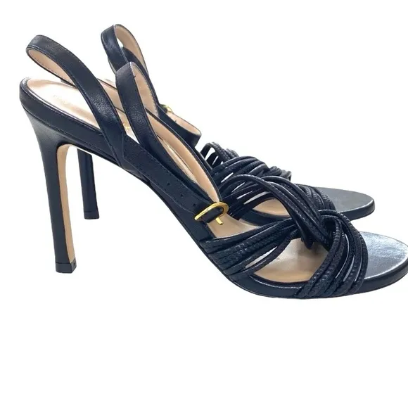 Stuart Weitzman Twist Sleek Black Leather Heels Sandals Open Toe 6.5