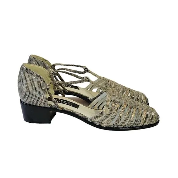 Stuart Weizmann Gold Animal Print Leather Block Heel T-Strap Sandals Size 9.5