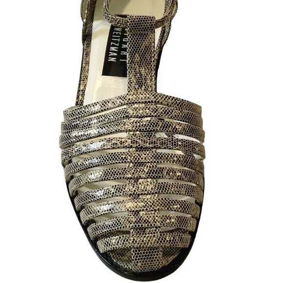 Stuart Weizmann Gold Animal Print Leather Block Heel T-Strap Sandals Size 9.5