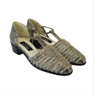 Stuart Weizmann Gold Animal Print Leather Block Heel T-Strap Sandals Size 9.5