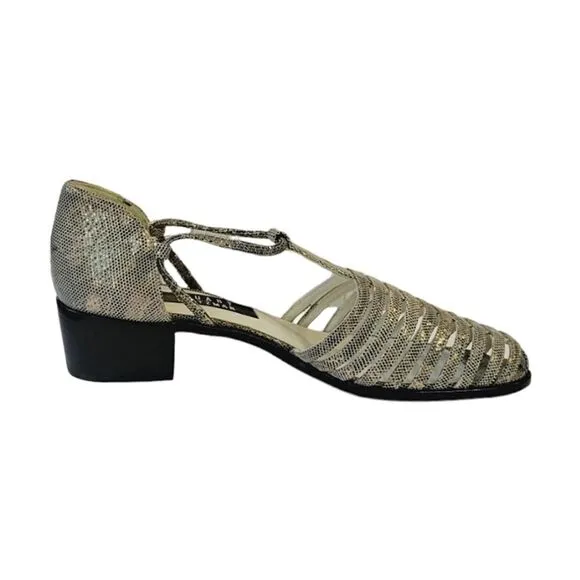 Stuart Weizmann Gold Animal Print Leather Block Heel T-Strap Sandals Size 9.5