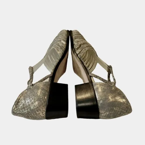 Stuart Weizmann Gold Animal Print Leather Block Heel T-Strap Sandals Size 9.5