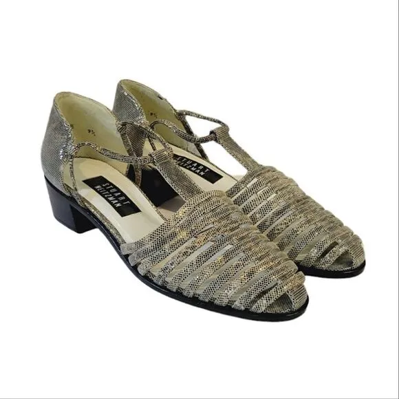 Stuart Weizmann Gold Animal Print Leather Block Heel T-Strap Sandals Size 9.5