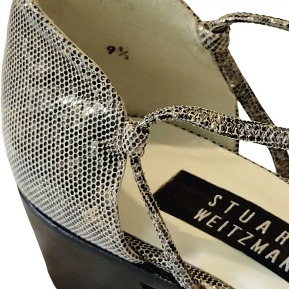 Stuart Weizmann Gold Animal Print Leather Block Heel T-Strap Sandals Size 9.5