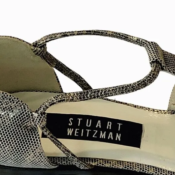 Stuart Weizmann Gold Animal Print Leather Block Heel T-Strap Sandals Size 9.5