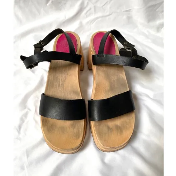Swedish Hasbeens Black Leather Gittan Wooden Platform Clog Sandals, 41, 11