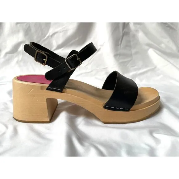 Swedish Hasbeens Black Leather Gittan Wooden Platform Clog Sandals, 41, 11