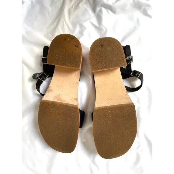 Swedish Hasbeens Black Leather Gittan Wooden Platform Clog Sandals, 41, 11