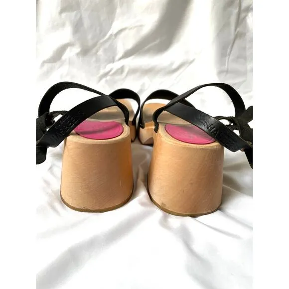 Swedish Hasbeens Black Leather Gittan Wooden Platform Clog Sandals, 41, 11