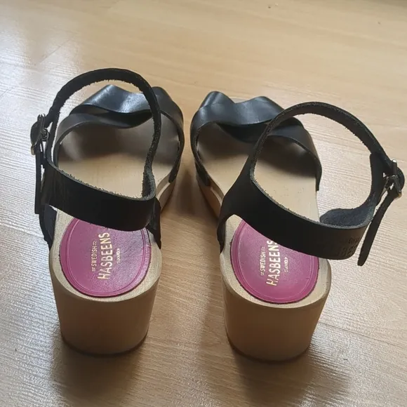 Swedish Hasbeens Mirja Clog Wooden Sandals Slingback Peep Toe Leather Size 6