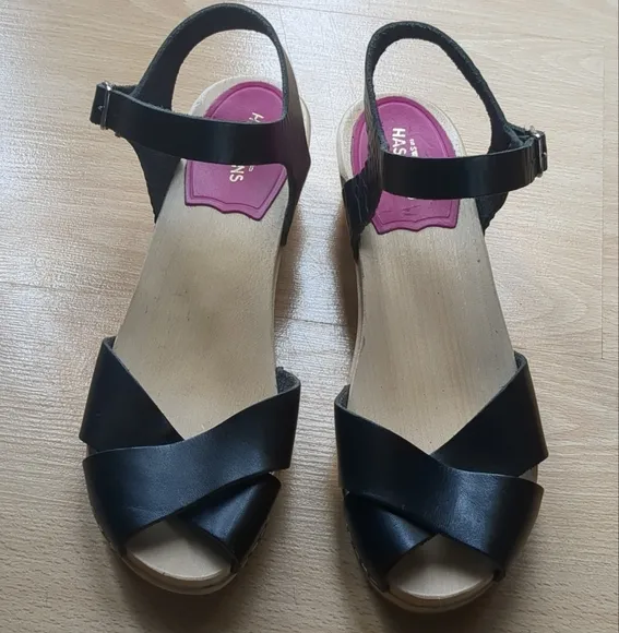 Swedish Hasbeens Mirja Clog Wooden Sandals Slingback Peep Toe Leather Size 6
