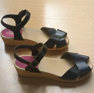 Swedish Hasbeens Mirja Clog Wooden Sandals Slingback Peep Toe Leather Size 6