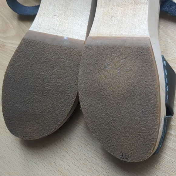 Swedish Hasbeens Mirja Clog Wooden Sandals Slingback Peep Toe Leather Size 6