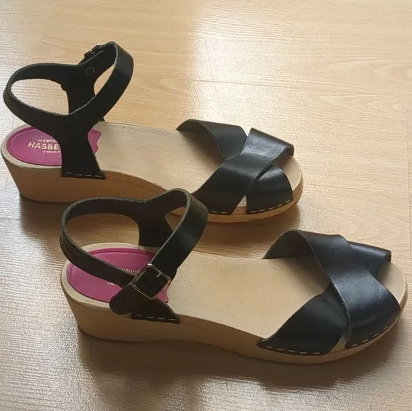 Swedish Hasbeens Mirja Clog Wooden Sandals Slingback Peep Toe Leather Size 6