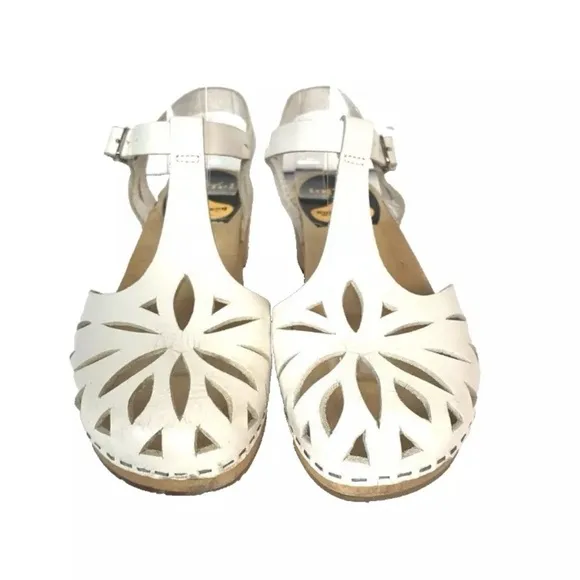 Swedish Hasbeens Toffel Leather White Leather Ankle Strap Clog Sandals