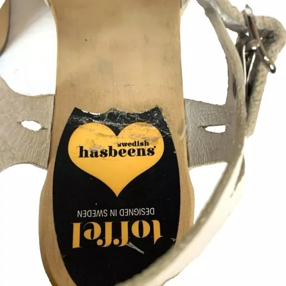 Swedish Hasbeens Toffel Leather White Leather Ankle Strap Clog Sandals
