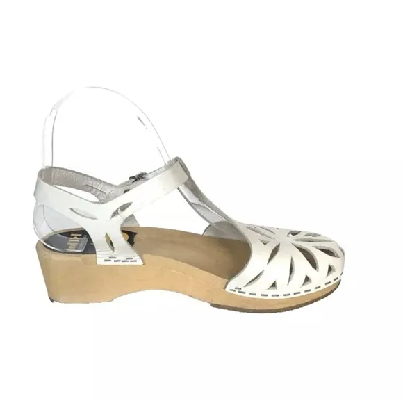 Swedish Hasbeens Toffel Leather White Leather Ankle Strap Clog Sandals