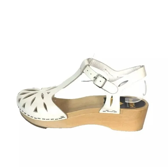 Swedish Hasbeens Toffel Leather White Leather Ankle Strap Clog Sandals