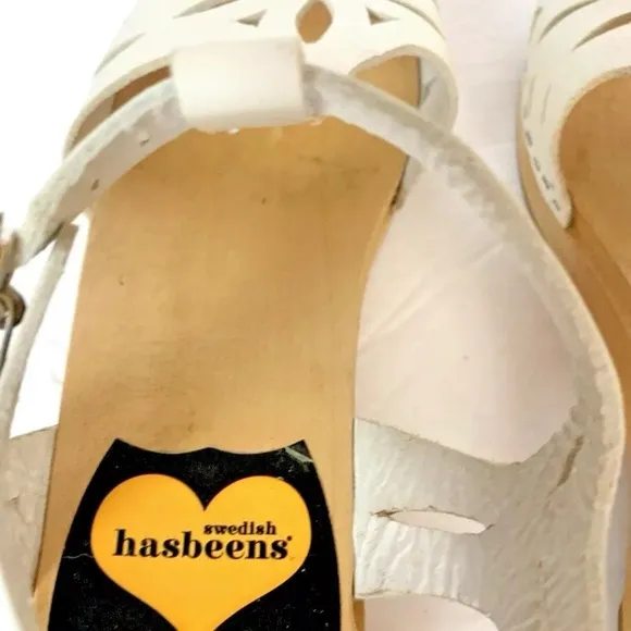Swedish Hasbeens Toffel Leather White Leather Ankle Strap Clog Sandals