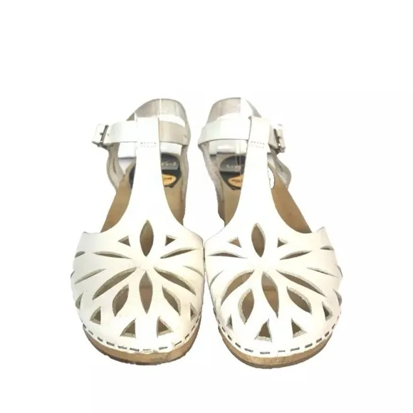 Swedish Hasbeens Toffel Leather White Leather Ankle Strap Clog Sandals