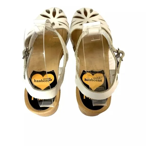 Swedish Hasbeens Toffel Leather White Leather Ankle Strap Clog Sandals