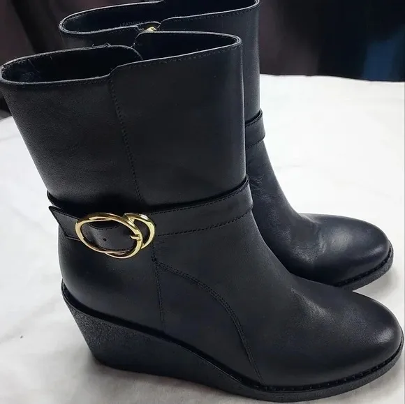 Talbots Rowan Wedge Bootie Leather Size 7M Black Ankle Boot