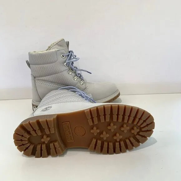 Timberland Premium Puffer Boots Leather Hiker Booties Light Grey Size 6 NEW