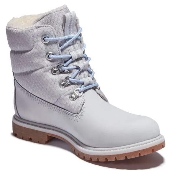 Timberland Premium Puffer Boots Leather Hiker Booties Light Grey Size 6 NEW