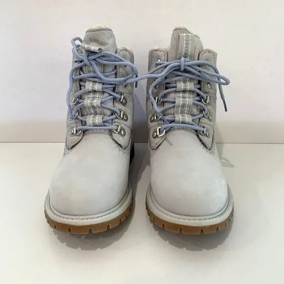 Timberland Premium Puffer Boots Leather Hiker Booties Light Grey Size 6 NEW