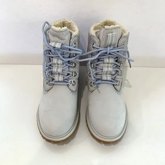 Timberland Premium Puffer Boots Leather Hiker Booties Light Grey Size 6 NEW
