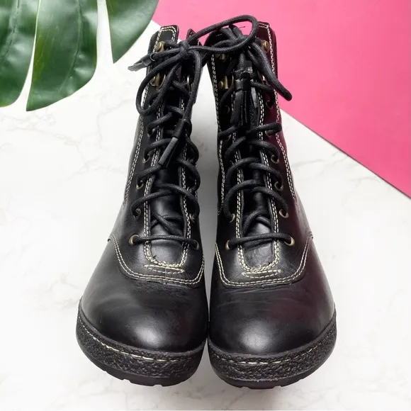 Timberland Tassel Black Leather Combat High Heel Boots 6