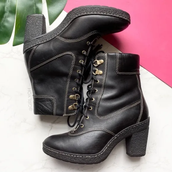 Timberland Tassel Black Leather Combat High Heel Boots 6