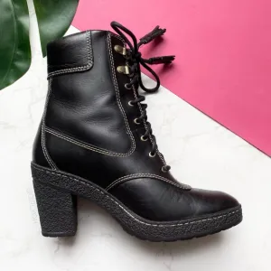 Timberland Tassel Black Leather Combat High Heel Boots 6